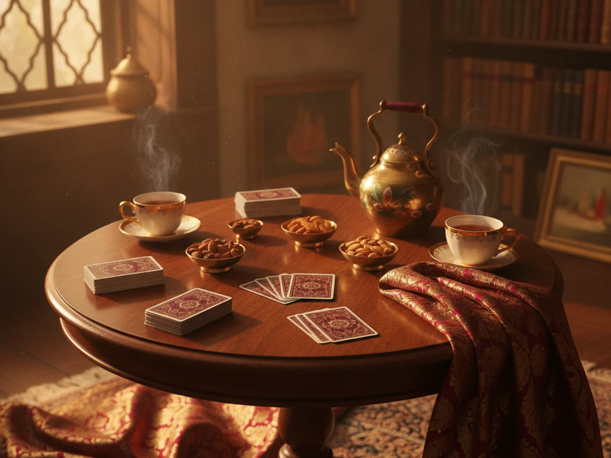 Warm festive setting with playing cards and golden decorative elements